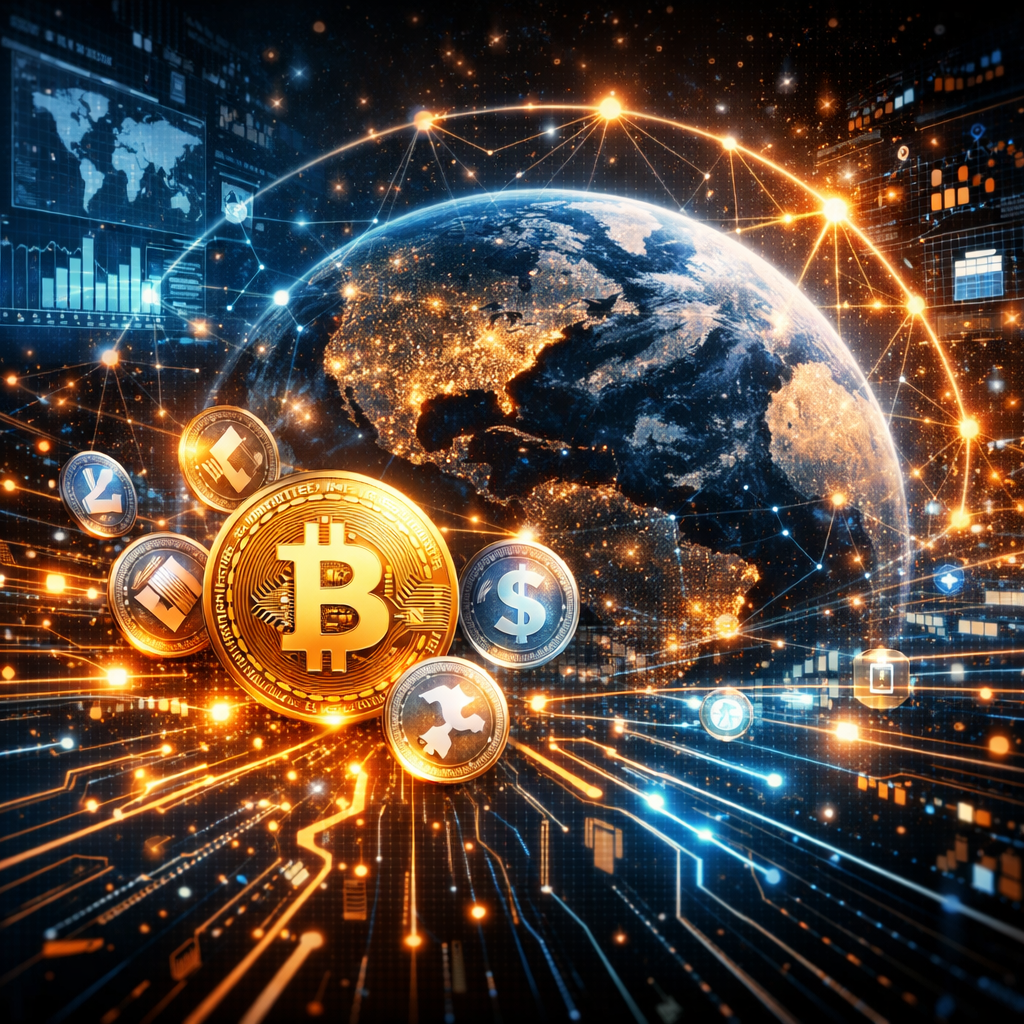 Digital globe with illuminated cities surrounded by interconnected cryptocurrency coins and data streams