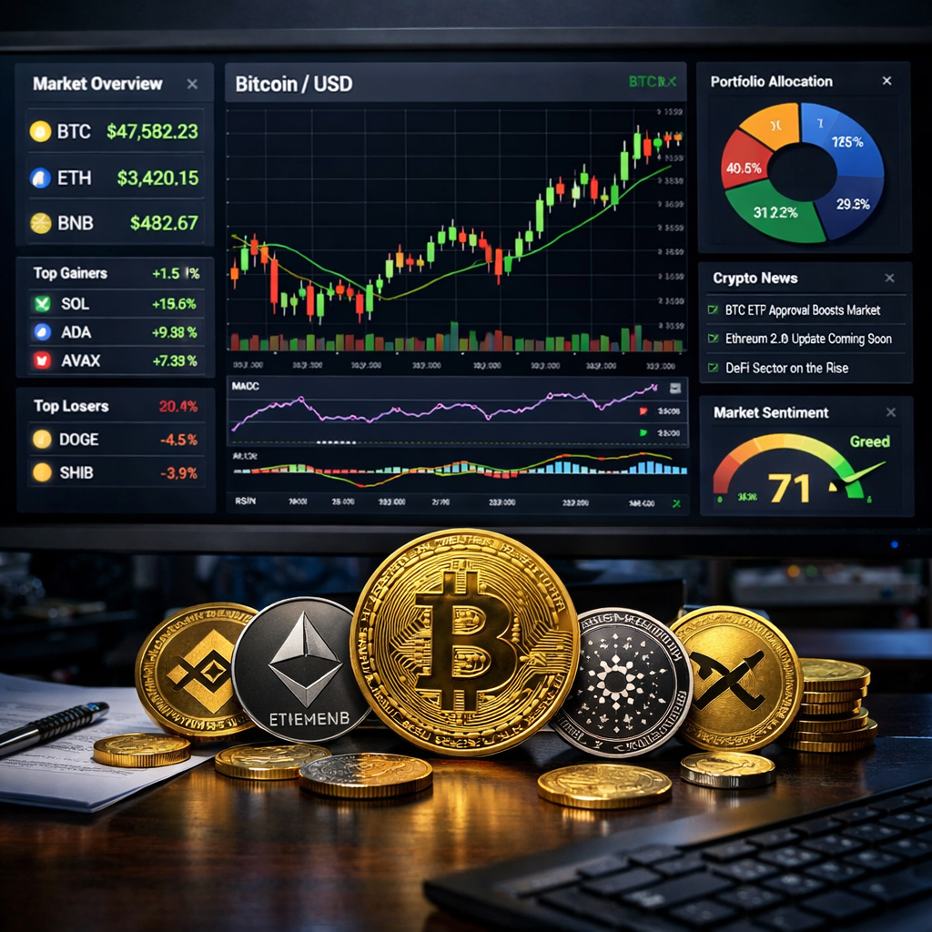 Various cryptocurrency coins arranged in front of a screen showing Bitcoin price chart and market stats